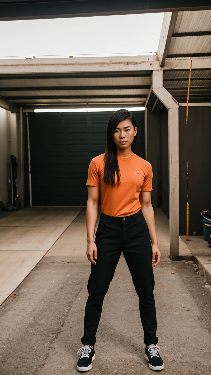RAW, Best quality, high resolution, (masterpiece: 1.3), full body image, muscular asian young woman in black shirt, pants, shoes, Masterpiece, young man face, cute man face, cleanshaven, bright skin, rough skin, fierce eyes, soft smile, standing in a garage, masculine gesture, strong expression, body facing viewer, looking to viewer, at noon, Great lighting, great sunlight, Bright colors, Ultra realistic clean lines, very realistic