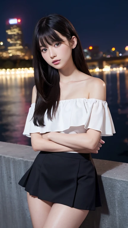 ((Highest quality)),((最high resolution)),((high resolution)),((detailed)),((High definition)),((8K)),((Perfect body)),((Perfect Face)),((Realistic)),((Real)),((Realistic)),((Beauty)),Korean、Stylish cityscape、Outdoor、City、Night view、Black Hair、((Only the tips of the hair are pink))、big breasts、Straight long hair、Very dense makeup、((Bangs cut in a straight line))、Black Mini Skirt、Black ruffled off-the-shoulder top、Exposed Skin、Cross your arms、Slanted Eyes、White Skirt