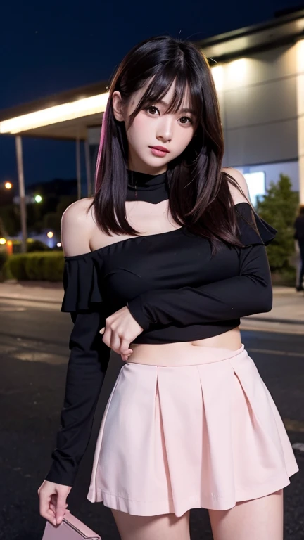 ((Highest quality)),((最high resolution)),((high resolution)),((detailed)),((High definition)),((8K)),((Perfect body)),((Perfect Face)),((Realistic)),((Real)),((Realistic)),((Beauty)),Korean、Stylish cityscape、Outdoor、City、Night view、Black Hair、((Only the tips of the hair are pink))、big breasts、Straight long hair、Very dense makeup、((Bangs cut in a straight line))、Black Mini Skirt、Black ruffled off-the-shoulder top、Exposed Skin、Cross your arms、Slanted Eyes、White Skirt