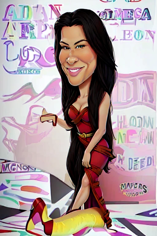 a drawing of a woman in a dress with long hair, Salma Hayek portrait, caricature style, caricature, caricature!!!, Detailed dress and face, caricature illustration, portrait of sofia vergara, caricature, por Cicely Hey, portrait of Megan Fox as queen, caricature, wrapped in silky gold, gold dress, Salma Hayek