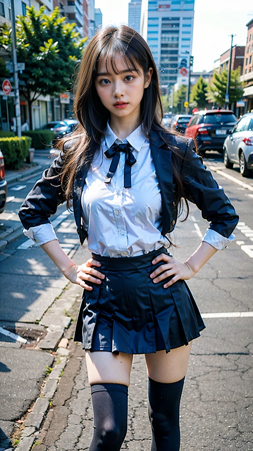 (8K、RAW Photos、Highest quality、masterpiece:1.2)、(Realistic、Realistic)、1 Girl、((city、Pink knit、Black mini skirt、Ribbon on chest、blonde、Knee socks、boots、Big Breasts、look forward to、Stand with hands on hips))、