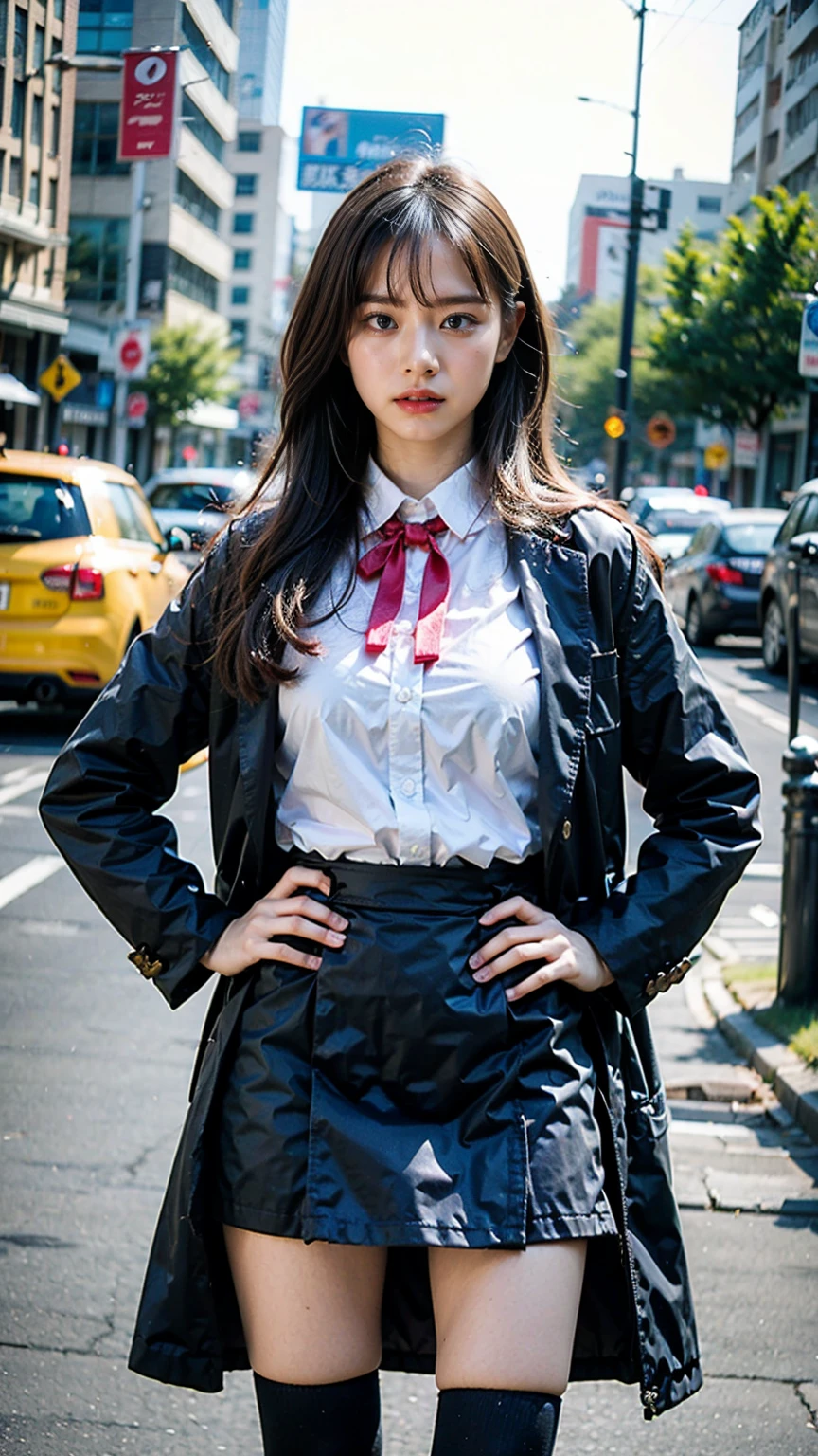 (8K、RAW Photos、Highest quality、masterpiece:1.2)、(Realistic、Realistic)、1 Girl、((city、Pink knit、Black mini skirt、Ribbon on chest、blonde、Knee socks、boots、Big Breasts、look forward to、Stand with hands on hips))、