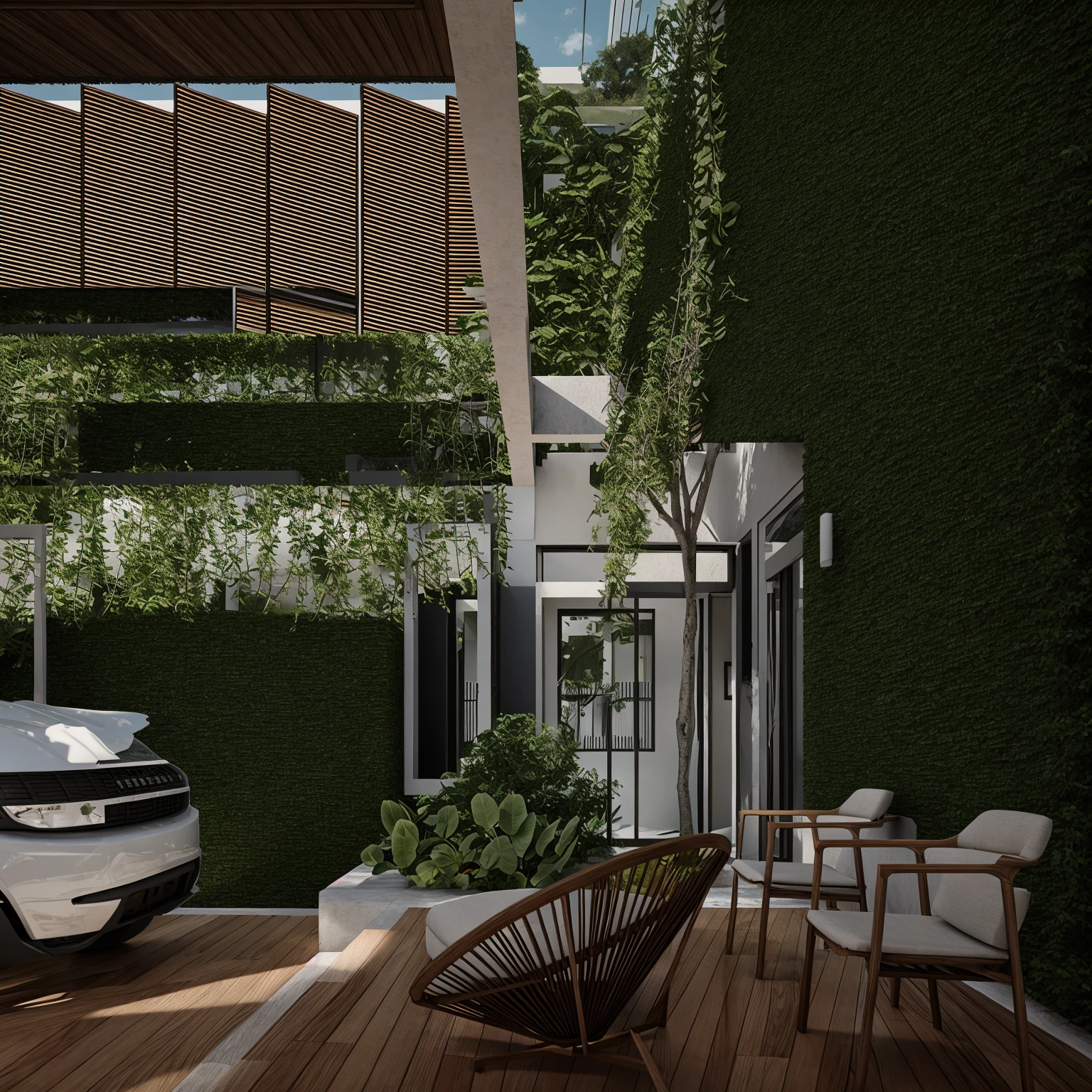 raw photo, full HD, 8k, ultra realistic, outdoor, car, tree, sky, beautiful, tropical mix modern style
