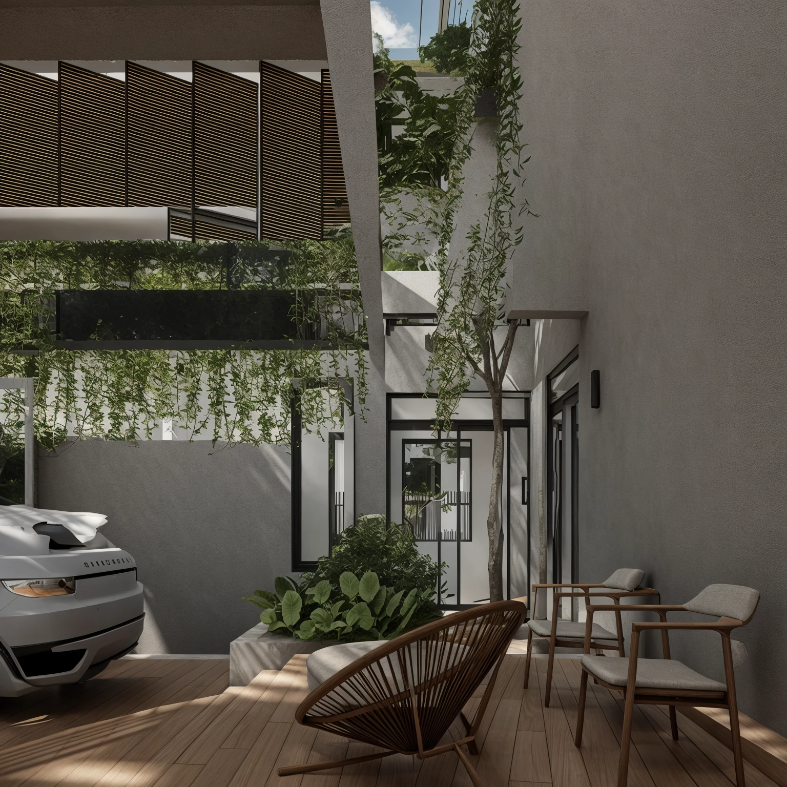 raw photo, full HD, 8k, ultra realistic, outdoor, car, tree, sky, beautiful, tropical mix modern style