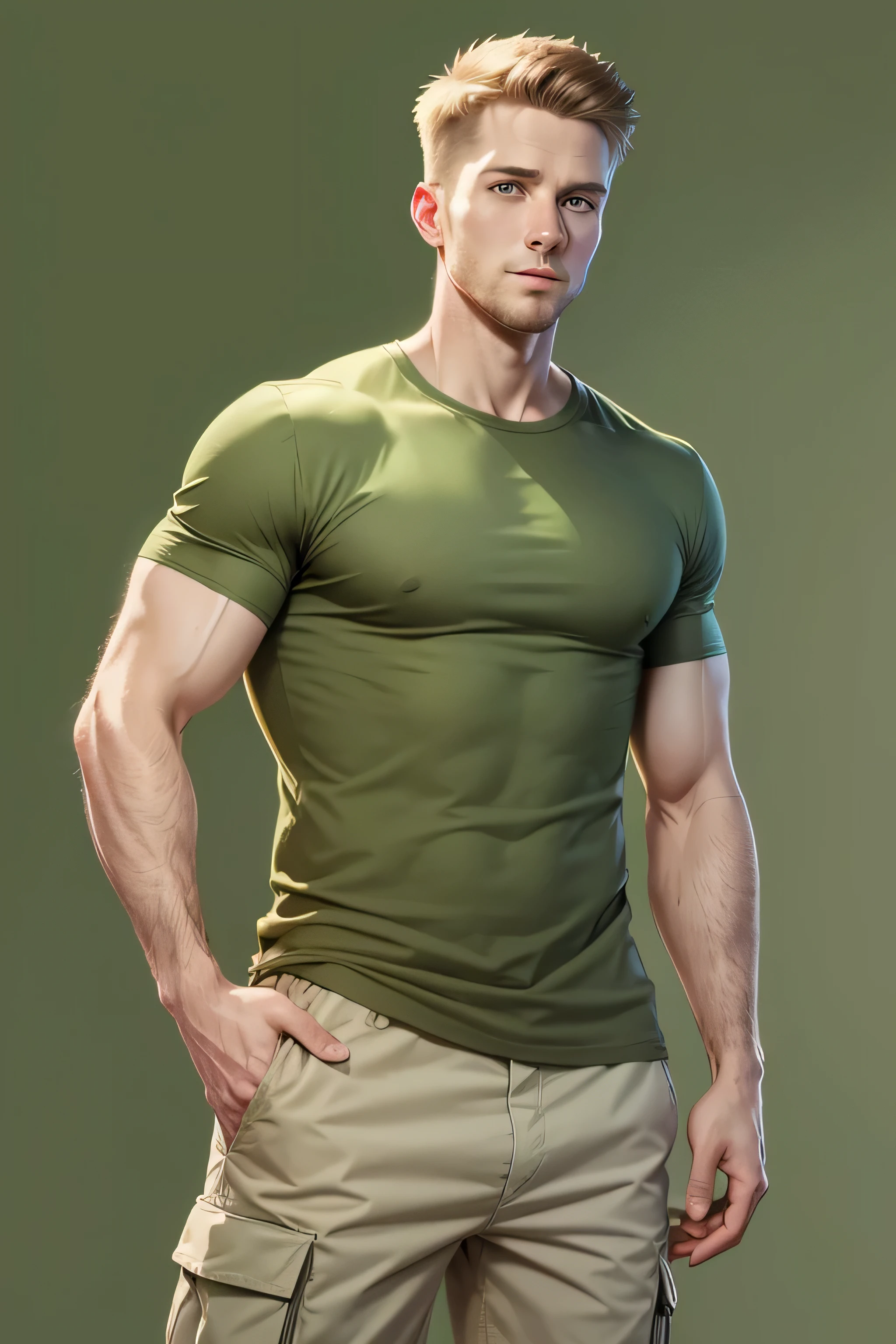 Illustration, drawing of a white man, 30 years old, dressed with green cargo pants and a camouflage t-shirt. Solid green background. Work of art. Image with side margins. #3D, #illustration, #cinematic