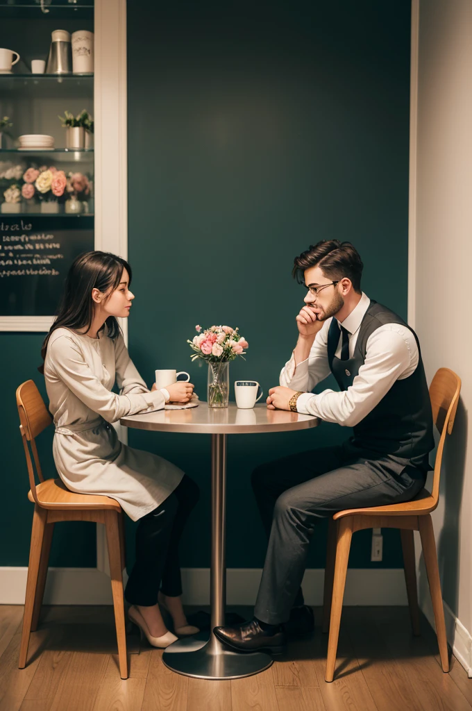 cartoon of a man seated at a desk with a vase of flowers, having an awkward dinner, sitting in a cafe standing alone, sitting standing alone in a cafe, sitting at the table, seated at a desk, sitting at the table, smitten, romantic!!!, sitting in a cafe, standing alone!!, funny illustration, emotional image, sitting standing alone, fine dining