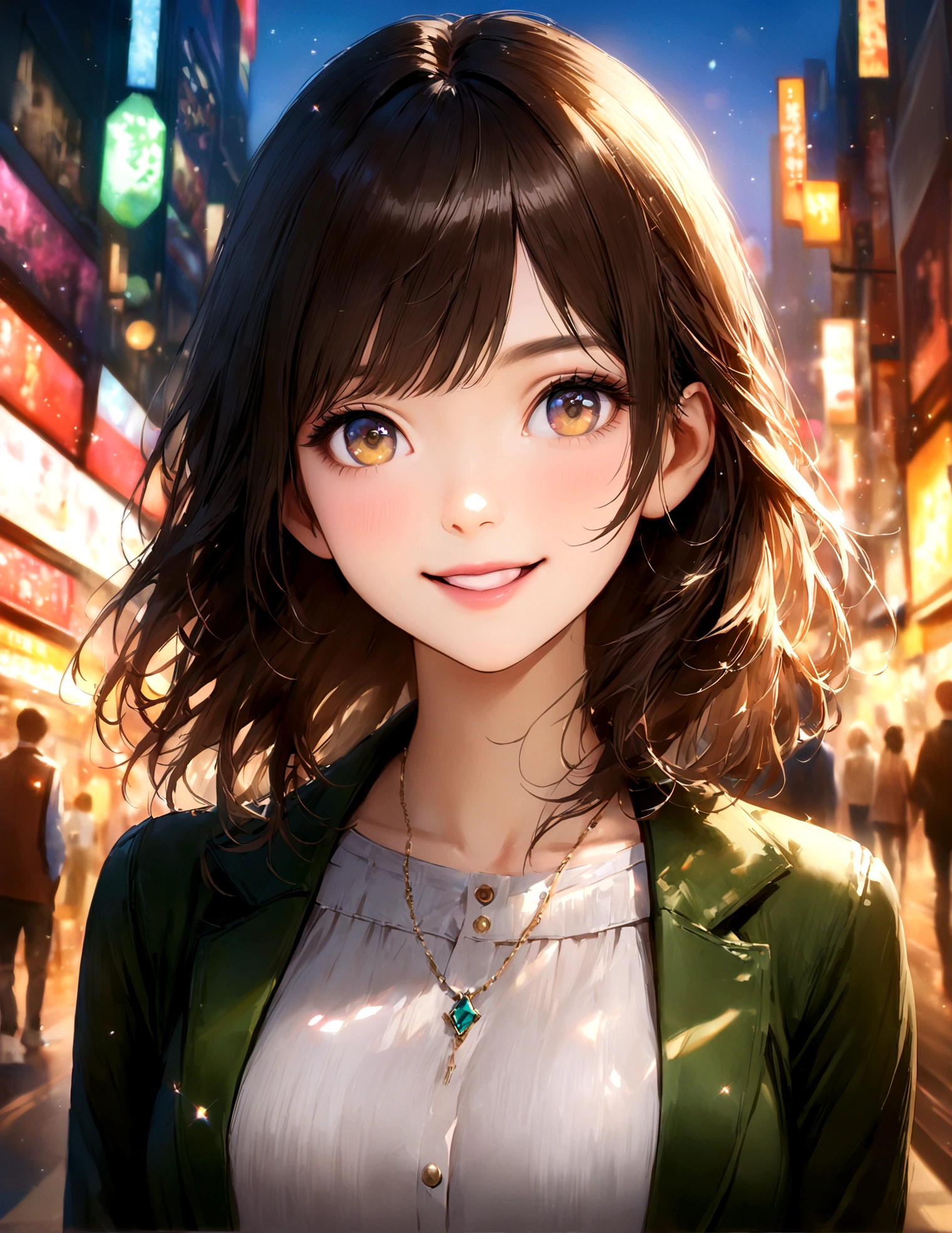 Shinjuku, Cute casual clothes,On a date,Blur the background,high school girl,smile,Glitter effect,Highest quality, 4K, 8K, High resolution, masterpiece:1.2, Very detailed, Realistic:1.37, High resolution, 超High resolution, Ultra-fine painting, Sharp focus, Physically Based Rendering, Very detailedな説明, Professional, Vibrant colors