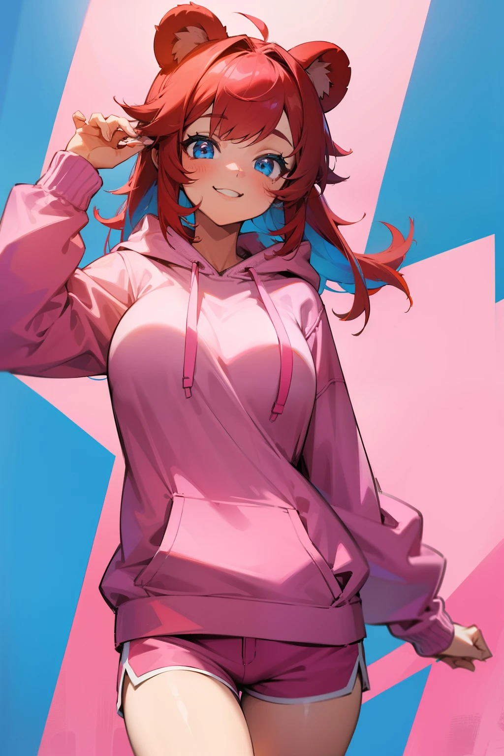 Cute girl, red hair, blue eyes, smile, pink hoodie, colorful shorts, big breasts, bear ears