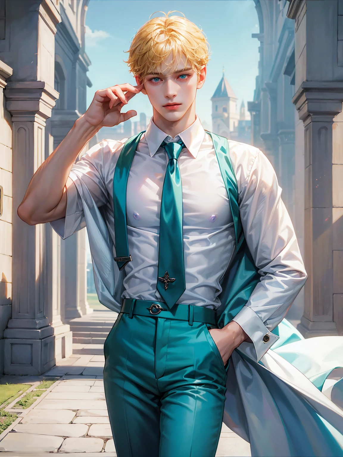 A boy, short blonde hair, sky blue green eyes. He wears a white shirt with a fuchsia tie, fuchsia pants. Handsome boy, detailed eyes, detailed face, detailed hands. He looks at the viewer. Full figure. Background a castle