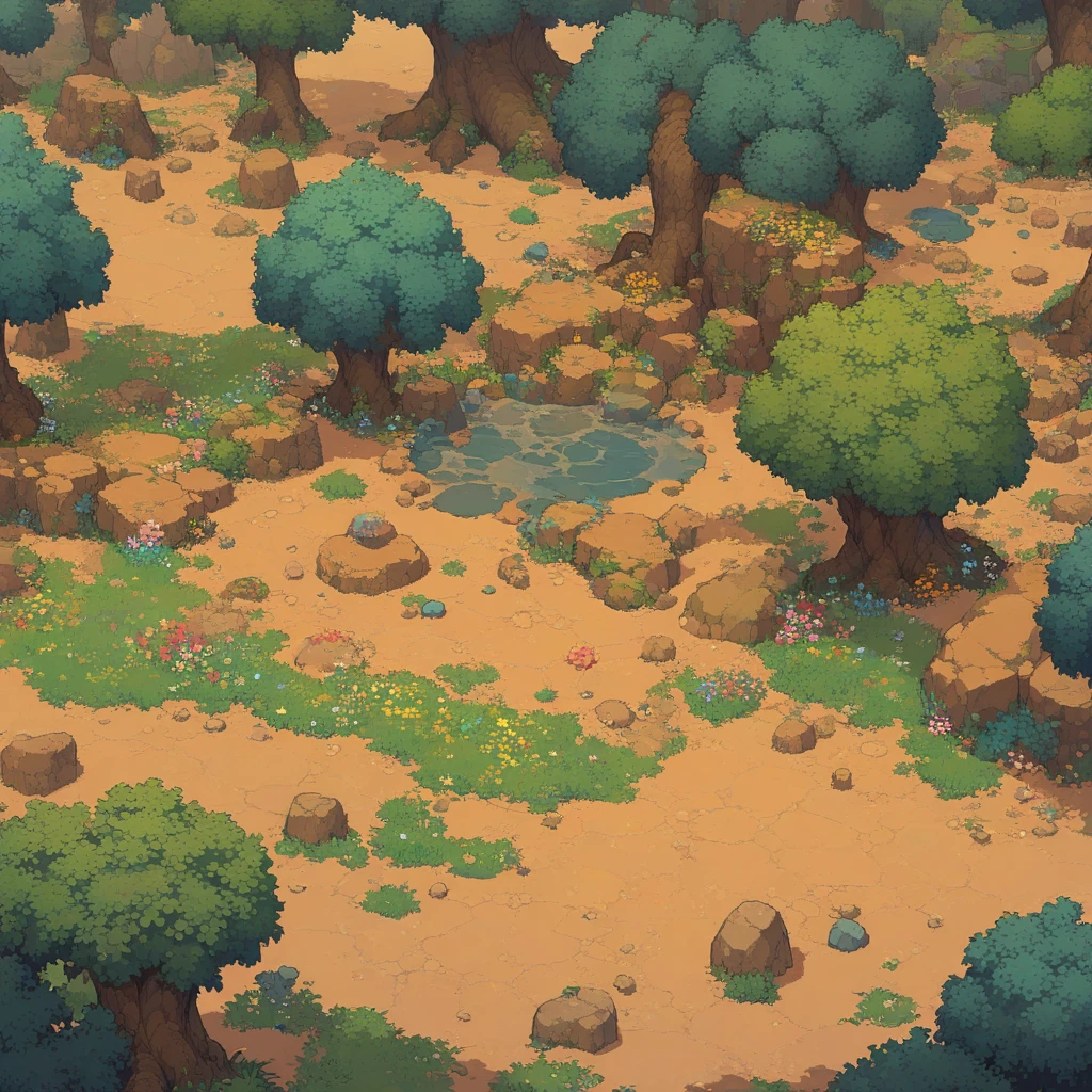 retro video game style,pixelated graphics,vibrant colors,8-bit characters,blocky shapes,sharp lines,detailed shading,classic gaming vibe,nostalgic atmosphere,classic arcade games,masterpiece:1.2,ultra-detailed,illustration style, 2d texture, clay texture, stone texture, 4 k seamless mud texture, video game texture, dirt texture, tileset, game tiles, clay material, flat texture, grass, trees, rock texture, rocky ground, forest, topdown view, game texture, game art, ground very detailed, dirt, floor texture, tileable texture, flowers, bushes, shrubs, intricate ground stone, top down view, 3/4th perspective