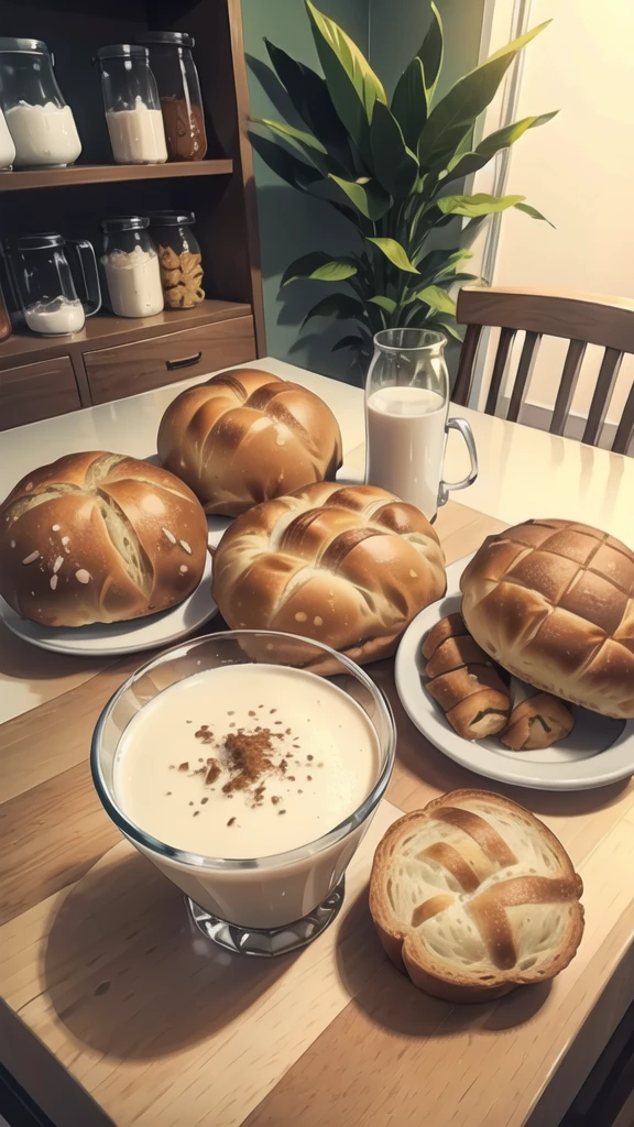 Bread, glass of milk, various snacks on the table