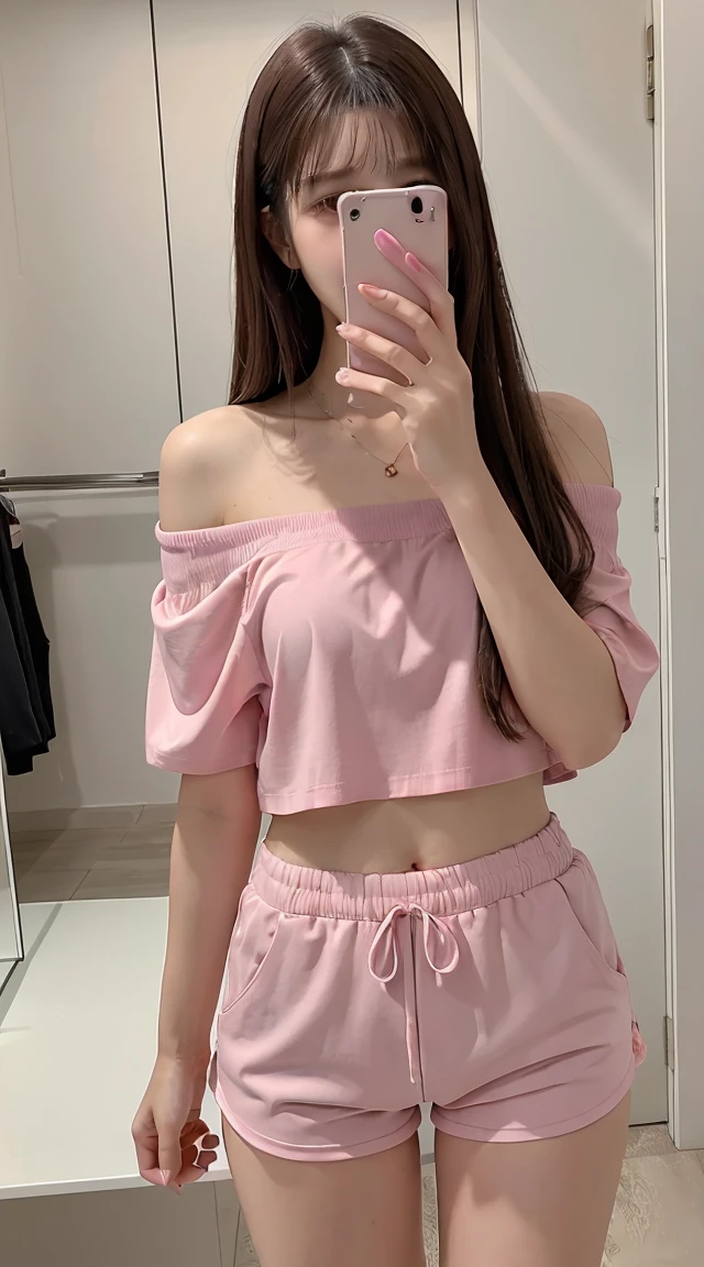 Highest quality masterpiece 8K Ultra-detailed Face Selfie 茶髪のBeauty Highest quality masterpiece 8K Ultra-detailed Face Beauty Shoulder-length hair Thighs Selfie Mirror photo Reflected in the mirror Off the shoulder Clothes with exposed shoulders Summer clothes Pink panties are visible through the gap in her shorts