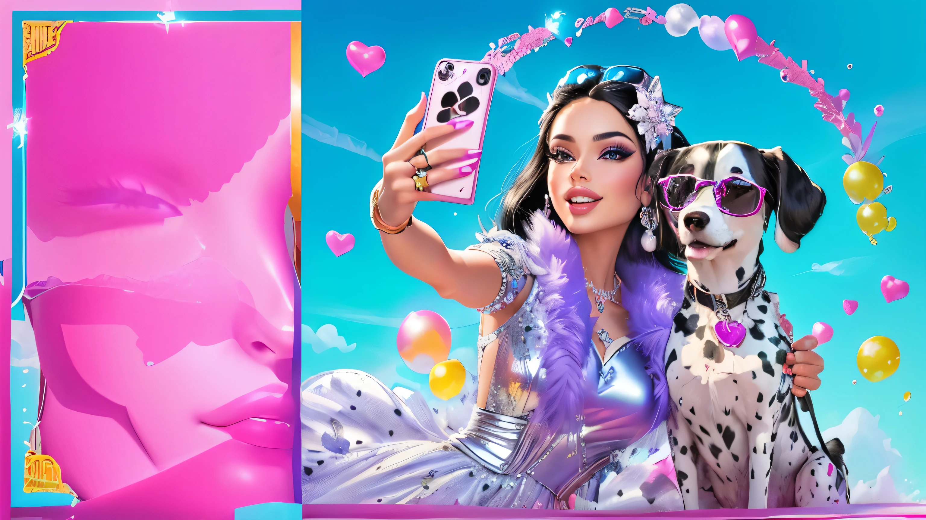 A vibrant and fun movie poster featuring Barbie as the star of a fun-filled adventure. She is seen taking a selfie while she holds a pink phone in one hand and a Dalmatian dog with heart-shaped sunglasses in the other. Barbie is adorned in a shiny silver outfit with violet fur details and lilac makeup, she has extra long, straight black hair. The image exudes confidence and glamour. The backdrop is a bright blue sky filled with floating bubbles.