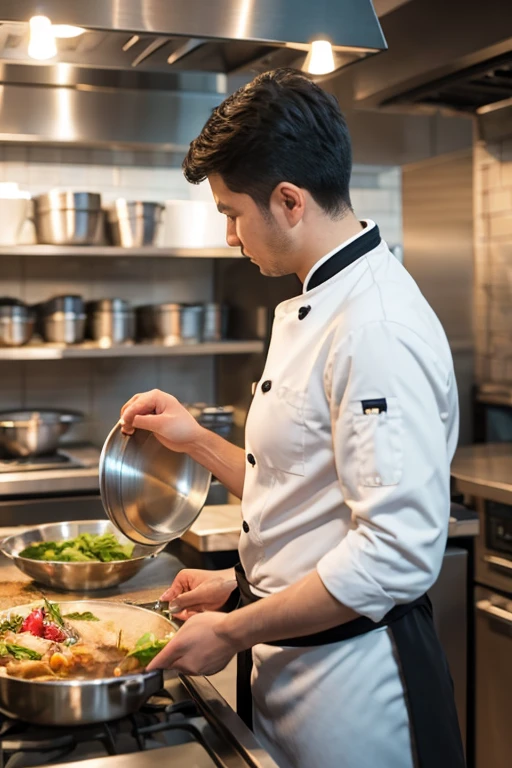 A man working in a restaurant kitchen。Cooking