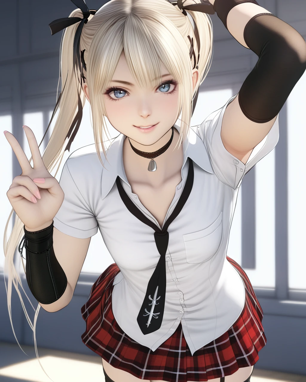 marie rose, 1girl, small breasts,
black choker, white shirt, necktie, plaid skirt, wristband, detached sleeves, black thighhighs, garter straps,
smile, v, hand up,upper body,, masterpiece,best quality,