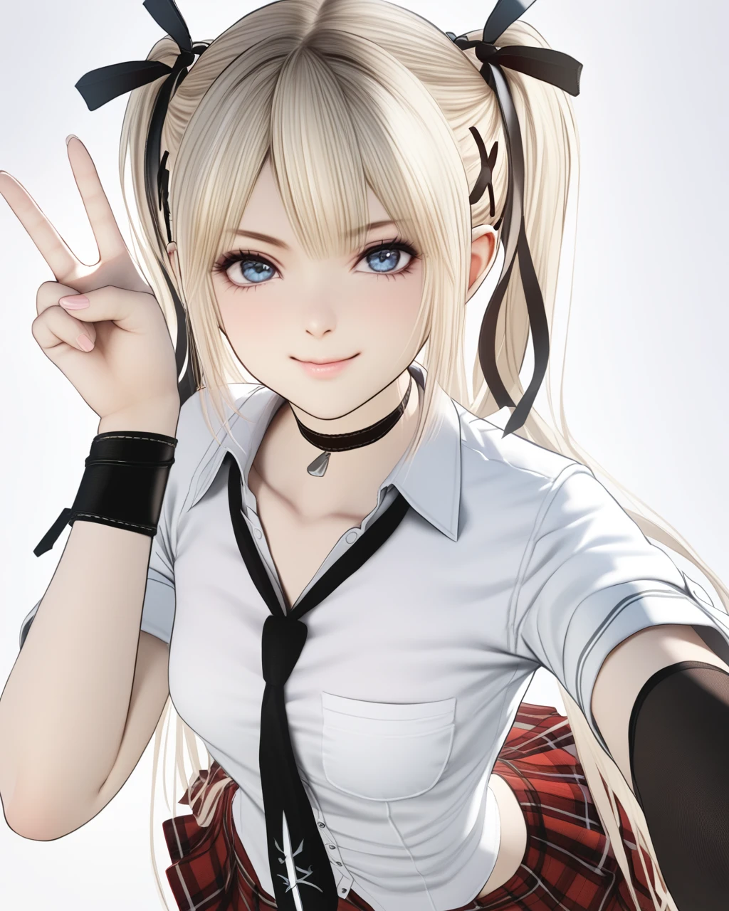 marie rose, 1girl, small breasts,
black choker, white shirt, necktie, plaid skirt, wristband, detached sleeves, black thighhighs, garter straps,
smile, v, hand up,upper body,, masterpiece,best quality,