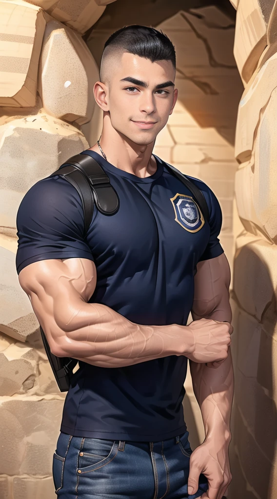  man,(Skinheads have hairstyles:1.3),black eye,(Wear a fitted round neck t-shirt in navy with a police badge.:1.3),(fit neck),Navy blue jeans,(black_gloves), Korean guy,chest muscles,large arm muscles,blood vessel,Big muscles,Broad shoulders,(Carrying a black backpack:1.3), smile, middle of the road,(In the desert:1.2),(full_shot:1.6),(In the cave:1.2),