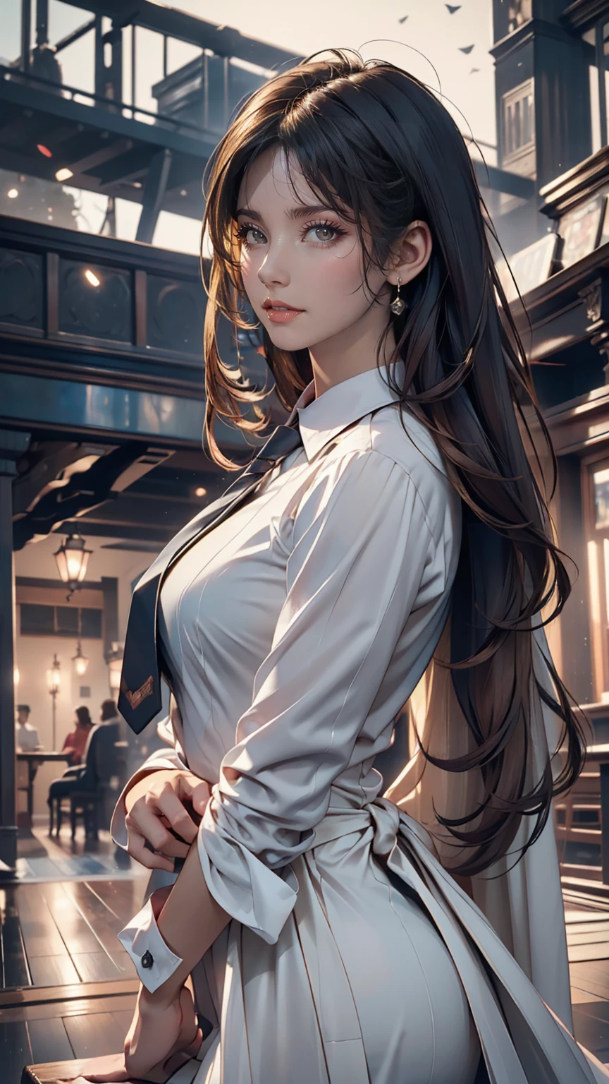 8K, Highest quality, masterpiece:1.2), (Realistic, photo-Realistic:1.37), Highest quality, masterpiece, Beautiful young woman, Pensive expression, Thoughtful expression, Elegant clothing, Tie your hair back, Messy mood, Movie Background, tired, Light skin tone