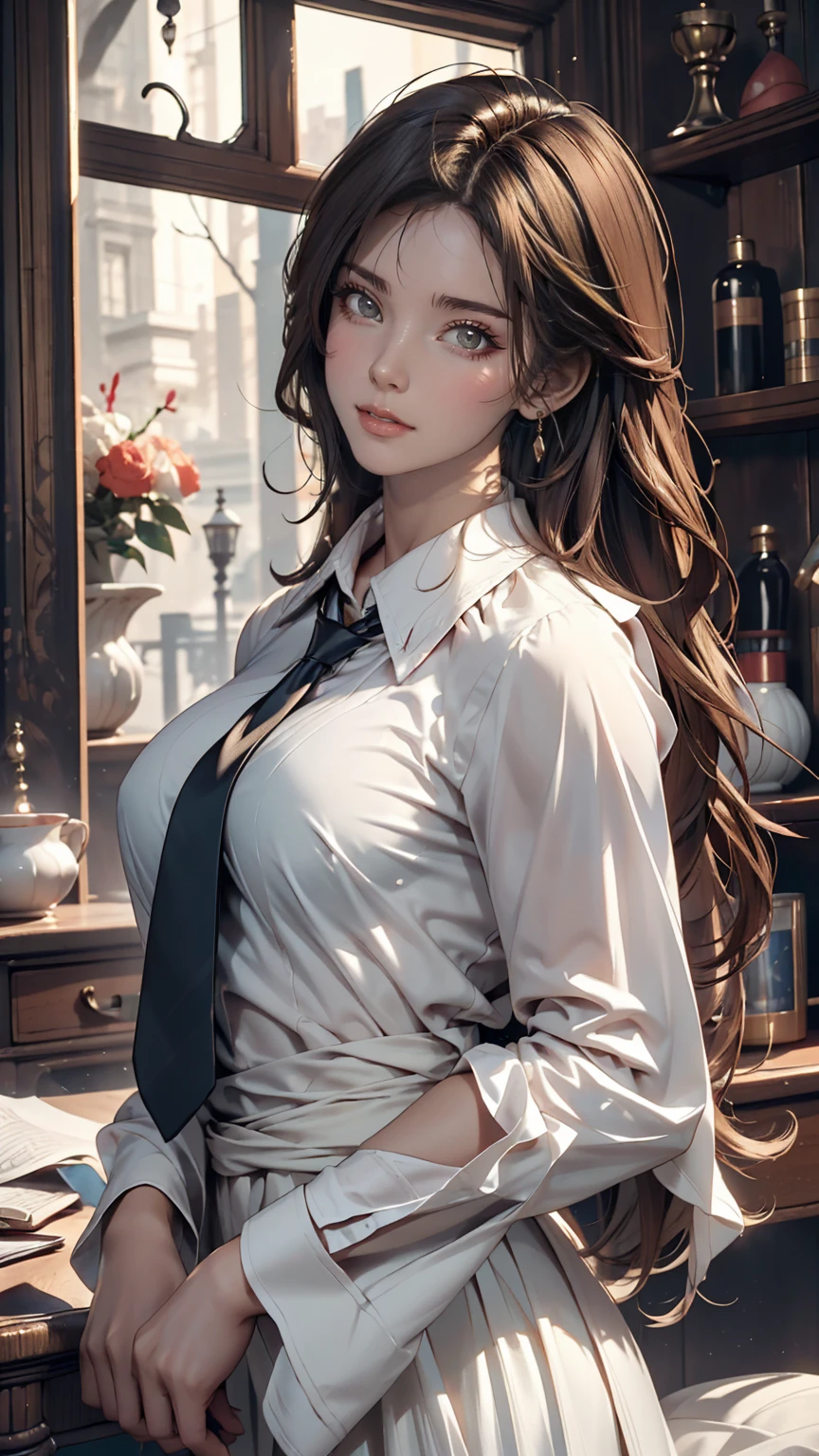 8K, Highest quality, masterpiece:1.2), (Realistic, photo-Realistic:1.37), Highest quality, masterpiece, Beautiful young woman, Pensive expression, Thoughtful expression, Elegant clothing, Tie your hair back, Messy mood, Movie Background, tired, Light skin tone