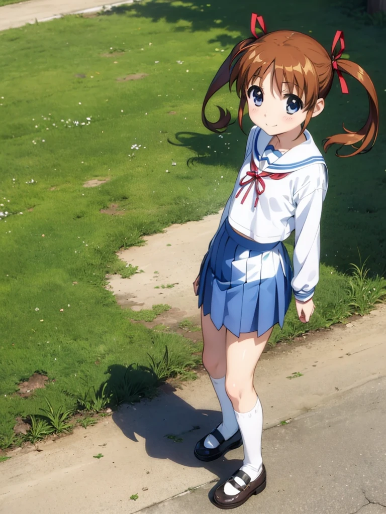 masterpiece, best quality,  takamachi nanoha, solo, brown hair, twintails, blue eyes, 10yo, (petite),
 smile, standing, long sleeves, ribbon, serafuku, red ribbon, white sailor collar,
 (clothes lift), nipples, flat chest, in park,