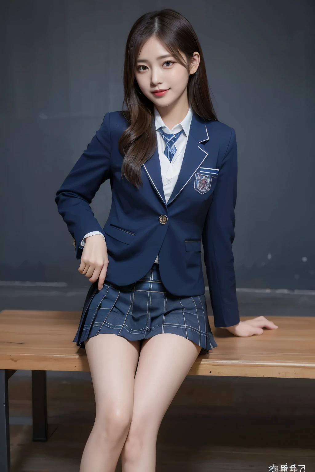 (8k), (highest quality: 1.2), (Realistic), (Realistic: 1.37), Ultra-high resolution, (1 girl), cute, blush,Embarrassed smile, Beautiful details, Beautiful Nose, straight Hair, Giant Dulcefo, pork, Thighs,Self Snap,University Uniforms,(A simple dark blue blazer:1.4),(Pleated skirt:1.2),(The skirt and tie are black tartan check pattern.:1.3),(Sitting:1), Sit on the bench,(Hold my feet:1),(Shiny 太い legs:1.2),from the front,knees