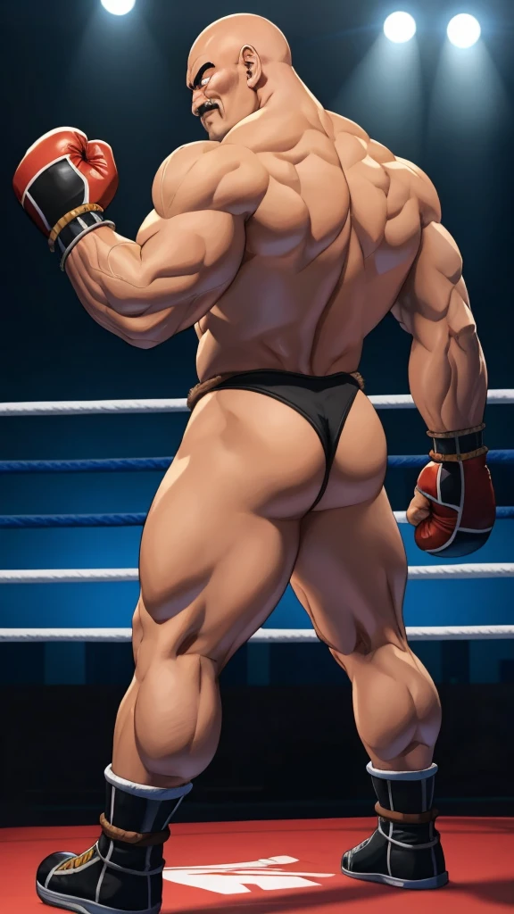 nappa, male focus, solo, 1boy, bald , muscular male, bulk , abs ,black vambraces, veins, pectorals, thighs, black eyes , mustache, (( black micro-thongs )) , tail around waist, (best quality, masterpiece) , full body , NSFW , black boots , dark skin , backside , boxing gloves , boxing ring