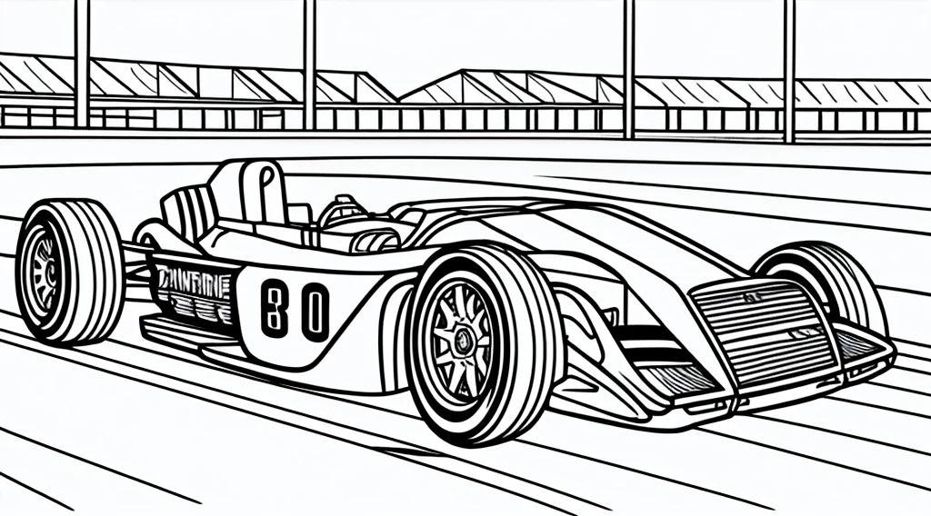 draw a coloring book page in black and white and color, car racing on a track, simple line, illustration, ink drawing, very visible thick outlines, clean lines, line art, clipart. A car is moving along the road, another one is catching up behind it. In the background - tribunes and scoreboard.