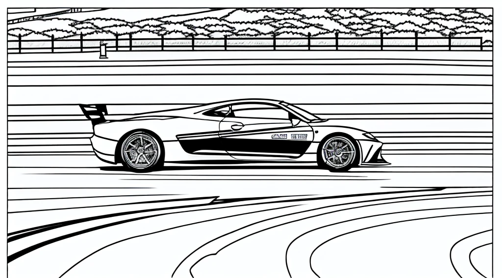 draw a coloring book page in black and white and color, car racing on a track, simple line, illustration, ink drawing, very visible thick outlines, clean lines, line art, clipart. A car is moving along the road, another one is catching up behind it. In the background - tribunes and scoreboard.