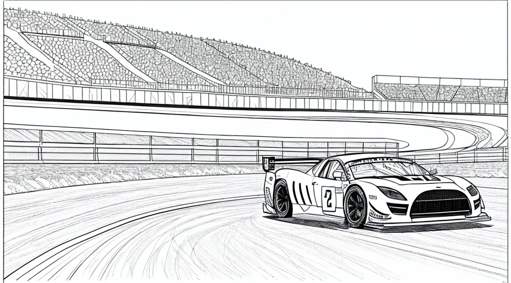 draw a coloring book page in black and white and color, car racing on a track, simple line, illustration, ink drawing, very visible thick outlines, clean lines, line art, clipart. A car is moving along the road, another one is catching up behind it. In the background - tribunes and scoreboard.