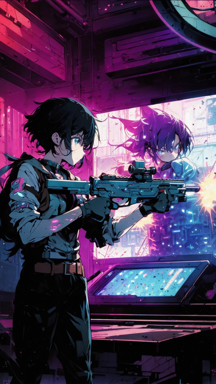 A stylish teenager, girl, (short hair), (black hair), bathed in the glow of a pixelated explosion on a giant arcade screen, ((aims a laser tag rifle at an unseen enemy)). Abstract digital patterns dance across the screen, blending with the teenager's outfit. Action movie scene, high-tech weapons, futuristic vibe, abasterpiece)), ((best quality)), ultra detailed,((illustration)), dynamic angle, detailed light, (delicate eyes), (ahoge:0.8),apathy, ray，frontage，style of anime4 k， 4k anime wallpaper， badass anime 8 k， 4 k comic wallpaper
