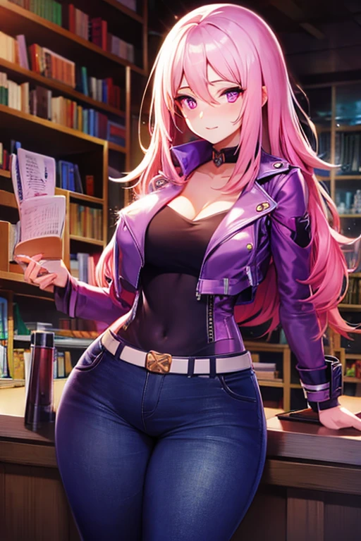 A pink haired woman with violet eyes and an hourglass figure in a leather jacket and jeans is reading in a library
