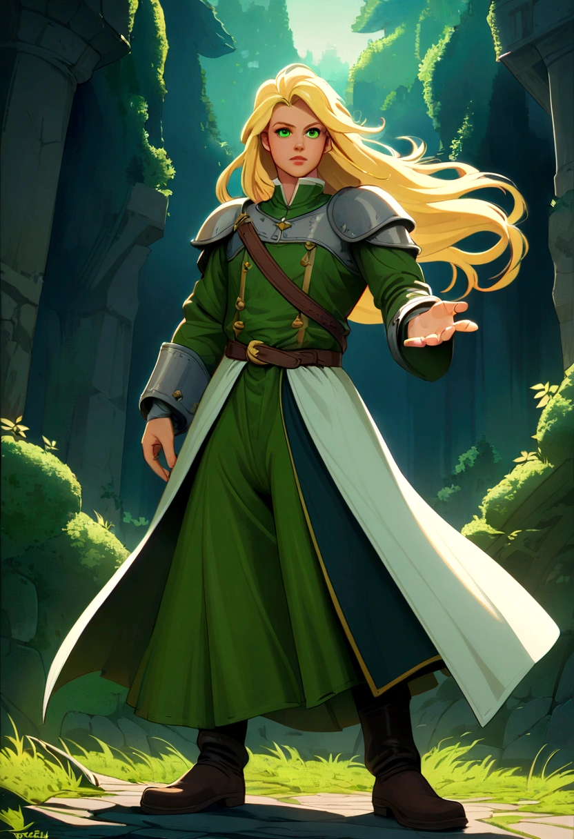 Neels Visser is a prince with long blond hair, Wearing moss green medieval military uniform, Look forward with emerald eyes. whole body, Artwork by Greg Rutkowski