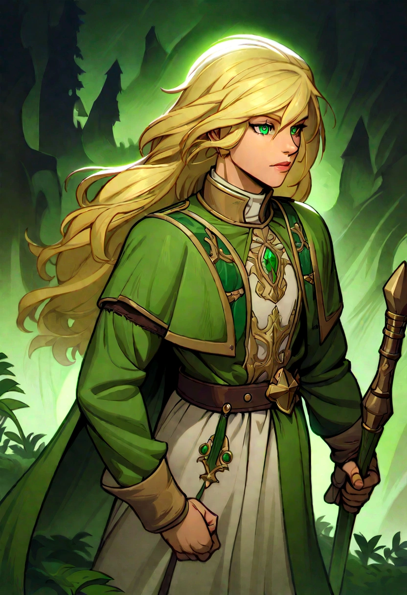 Neels Visser is a prince with long blond hair, Wearing moss green medieval military uniform, Look forward with emerald eyes. whole body, Artwork by Greg Rutkowski