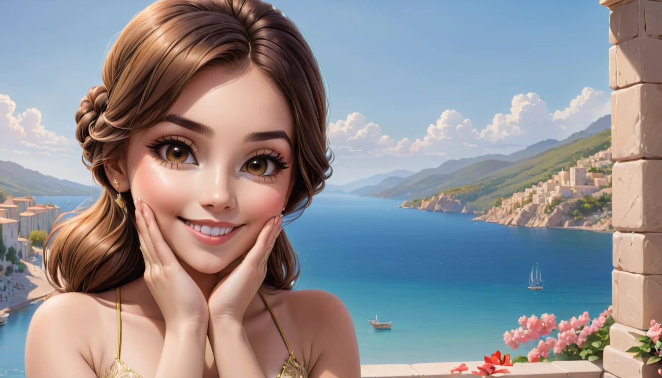 1Young woman blows a kiss to the viewer and smiles