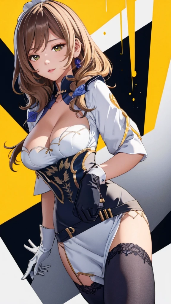random angle image, brush drawing image, half body close portrait image, beautiful busty Asian female , aged 20, soft skin colour, flowing long light brown hair, wearing yellow slim fit short maid dress with stockings, dynamic pose, yellow smoke lines behind, white background, 8K resolution 