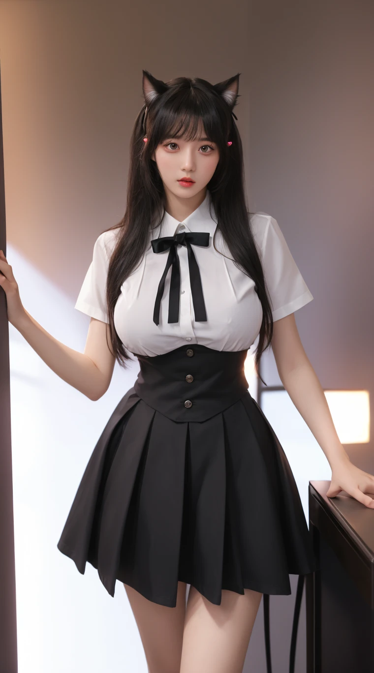 ultra realistic 8k cg, picture-perfect face, flawless, clean, masterpiece, professional artwork, famous artwork, perfect face, beautiful face, beautiful eyes, ((perfect female body)), solo,(immersive atmosphere, chiaroscuro:1.5,bright light:1.2,luminous lighting)
,,(blush:0.5),seductive expression,extremely detailed_eyes,thick thighs,large breasts,
beautifully detailed background,depth of field,realistic:1.3, long shot,1girl,shirt,pleated skirt, school uniform, sitting, full body,
(ambient light:1.3),(cinematic composition:1.3),(neon lights:0.1),(HDR:0.1),Accent Lighting, white pantyhose,