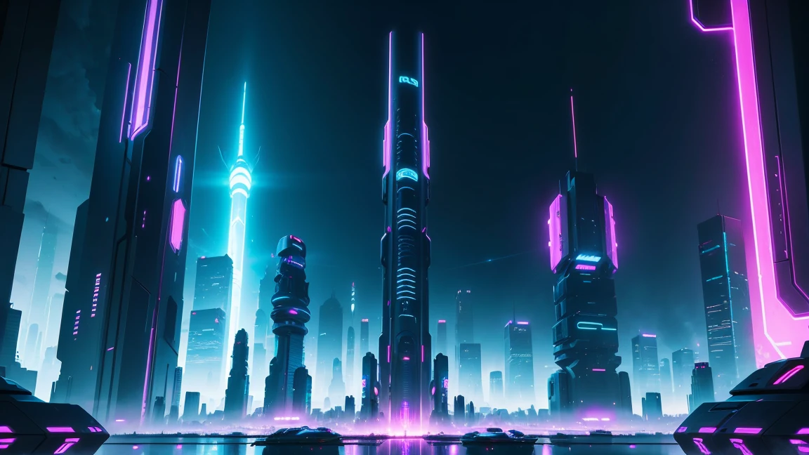 A large futuristic city in cyberpunk style, neon lig, Ultra wide view, very sky, Few tall buildings in the middle of the composition, No buildings in the middle of the scene, only on the sides