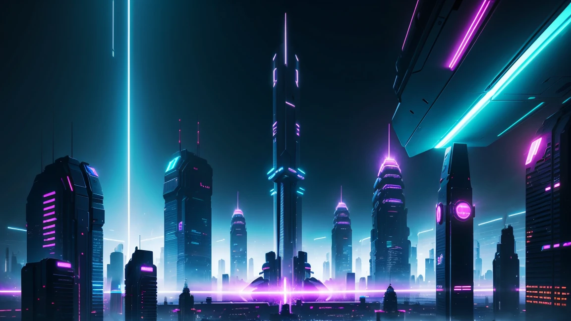 A large futuristic city in cyberpunk style, neon lig, Ultra wide view, very sky, Few tall buildings in the middle of the composition, No buildings in the middle of the scene, only on the sides