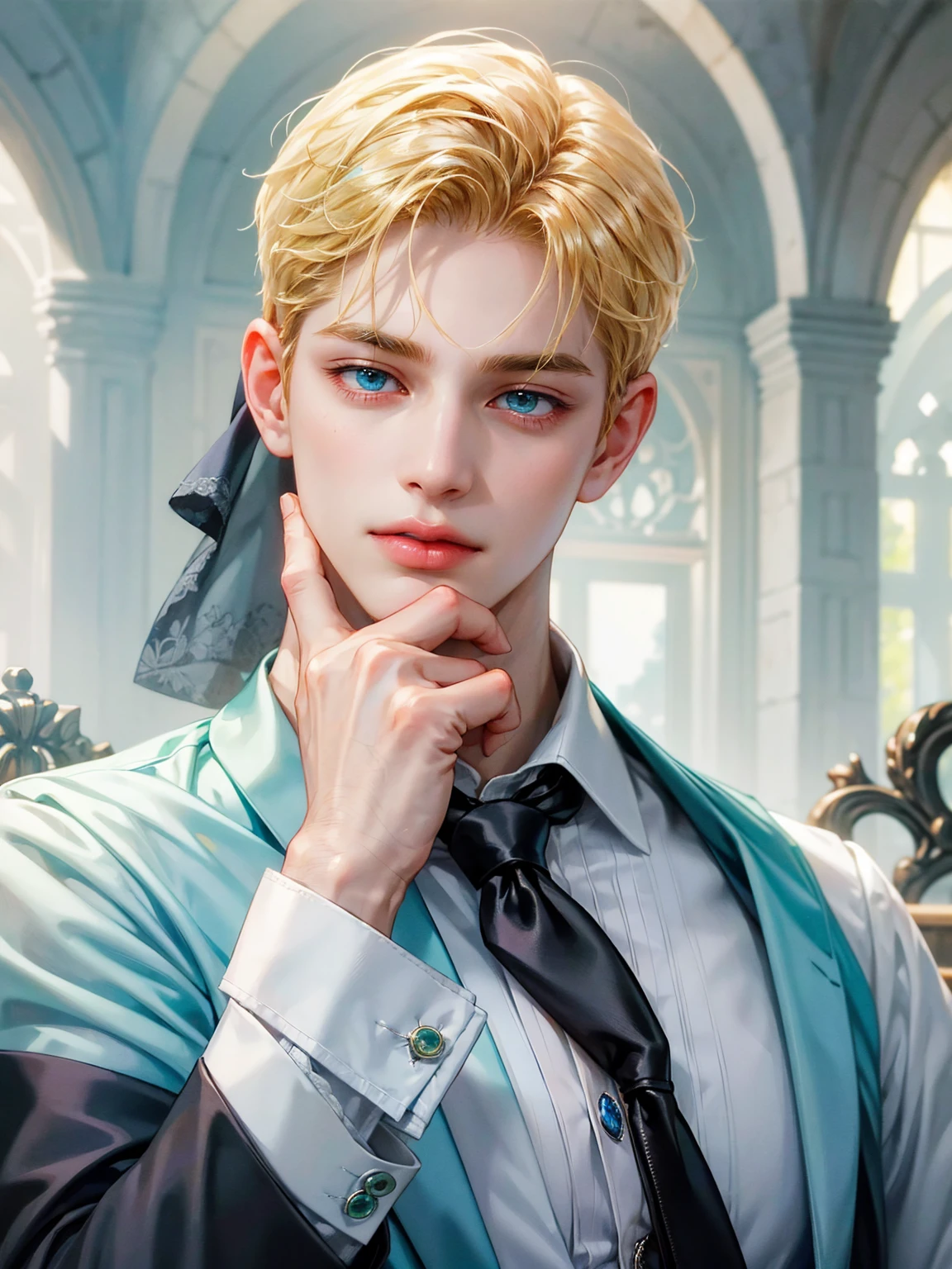 A boy, short blonde hair, sky blue green eyes. He wears a white shirt with a fuchsia tie. Handsome boy, detailed eyes, detailed face, detailed hands. He looks at the viewer. Full figure. Background a castle