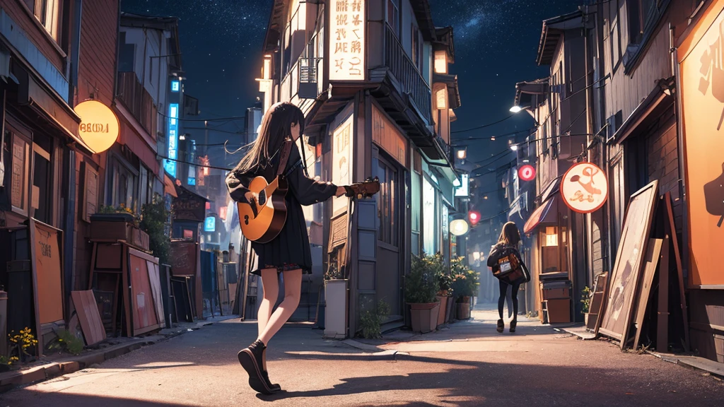 An incredible solution、High resolution、(masterpiece:1.4)、Very detailed、space、floating、 Girl Strumming Guitar、live house、Front view、Full body portrait、From head to toes、Back view、neon、City of night、Chillout