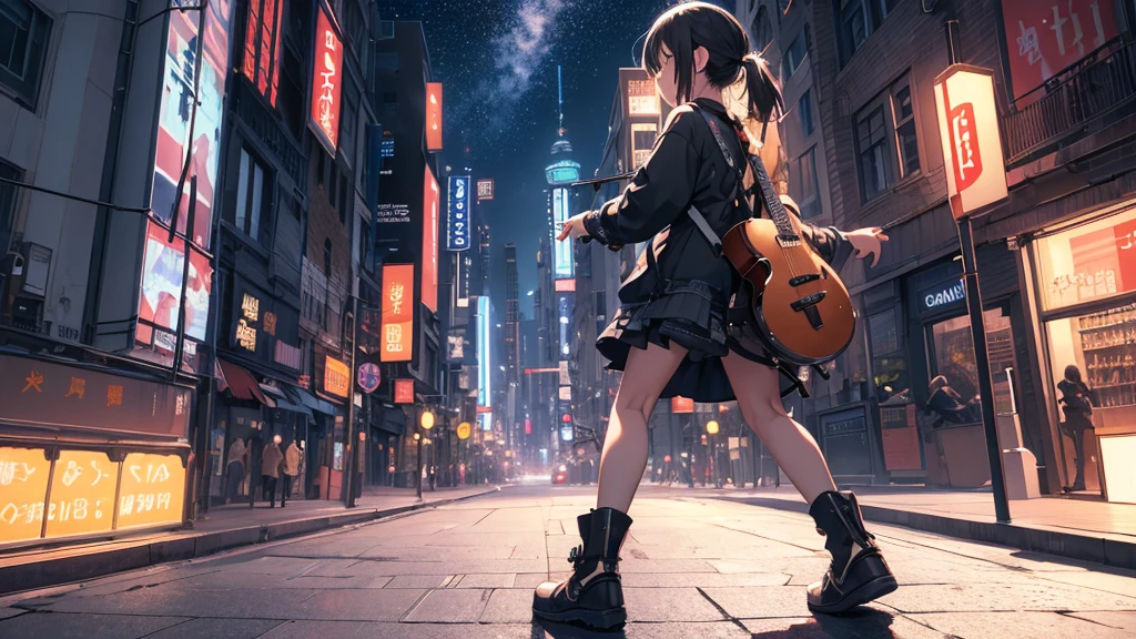 An incredible solution、High resolution、(masterpiece:1.4)、Very detailed、space、floating、 Girl Strumming Guitar、live house、Front view、Full body portrait、From head to toes、Back view、neon、City of night、Chillout