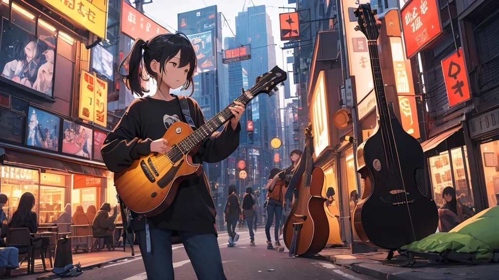 An incredible solution、High resolution、(masterpiece:1.4)、Very detailed、space、floating、 Girl Strumming Guitar、live house、Front view、Full body portrait、From head to toes、Back view、neon、City of night、Chillout