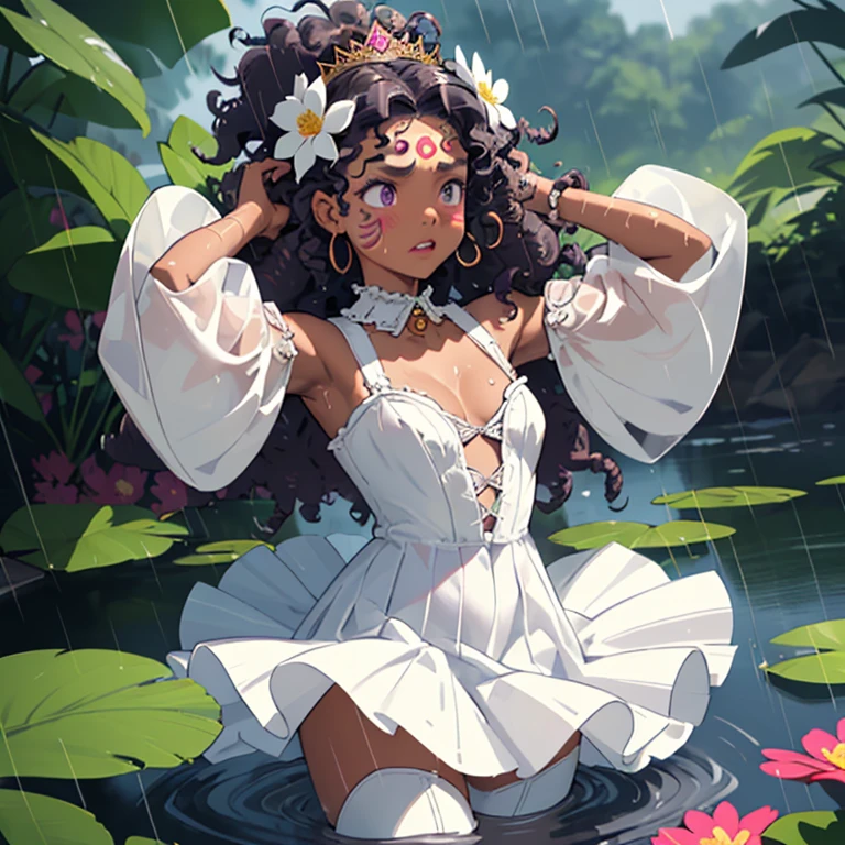 masterpiece, 1girl, caramel skin, tribal face paint, kinky curly hair, princess crown,
white dress, detached collar, wide sleeves, x hair ornament, hair flower, hair ribbon, white thigh boots, little cleavage, purple frills, pleated_white_skirt
Drowning, lake, rain, arms flailing in water,
looking at sky, panic face