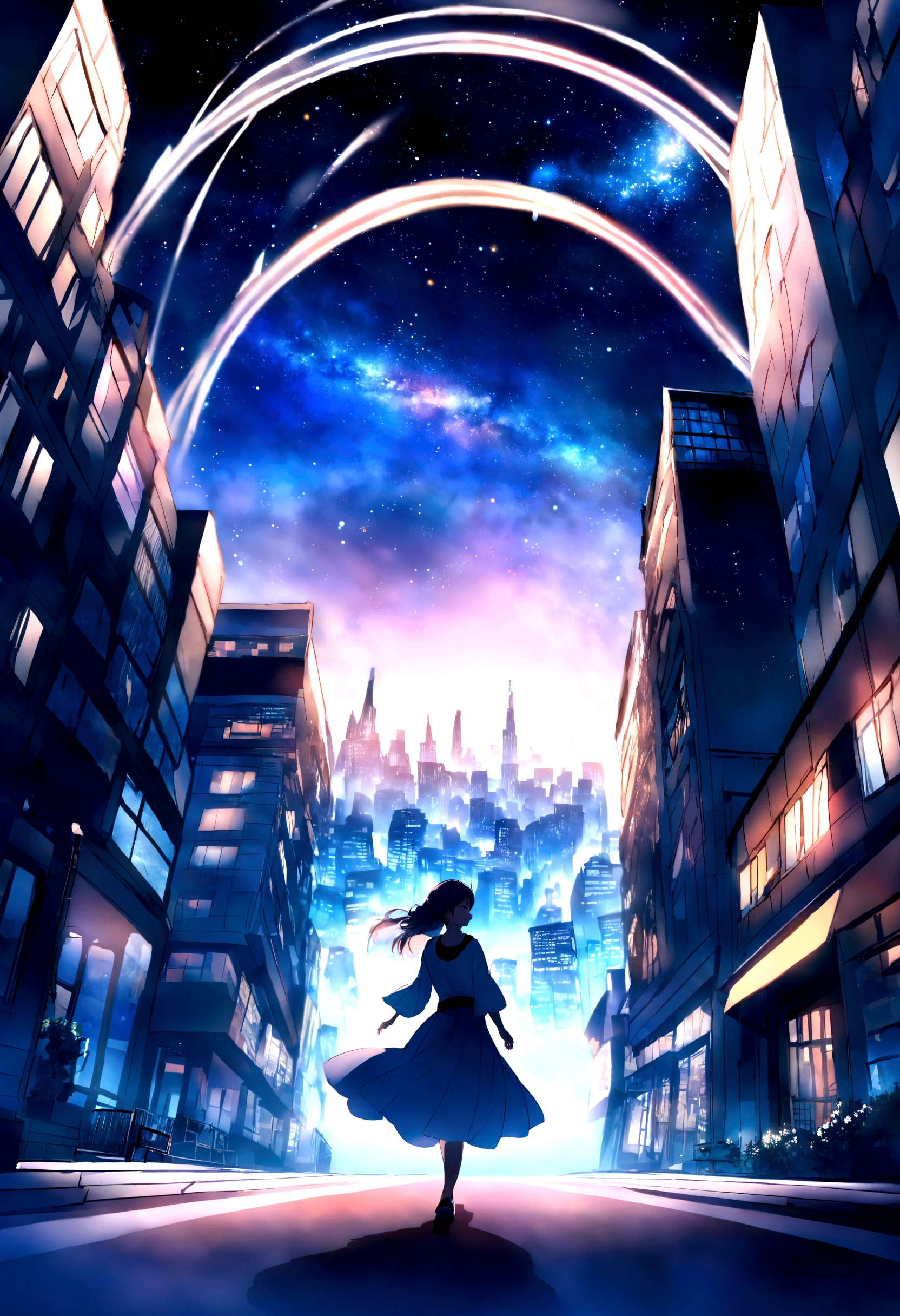 Woman walking towards city city is turning around and smiling、Denim on white t-shirt、Casket、Starry sky、2 days and months、Dreamy scenery、From a distance、Scenery Main、Building Street、near future、the wind、TOKYOcty、adult lady