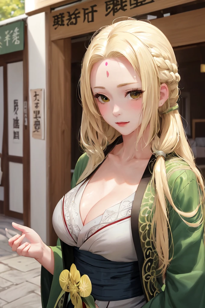 high resolution, Clear focus, Pixiv masterpiece, ((Intricate details)), Very detailed, Upper Body, 1 Girl, Mature, Blonde hair, Forehead Mark,White Kimono, Green jacket, sash, Tsunade_Senia,