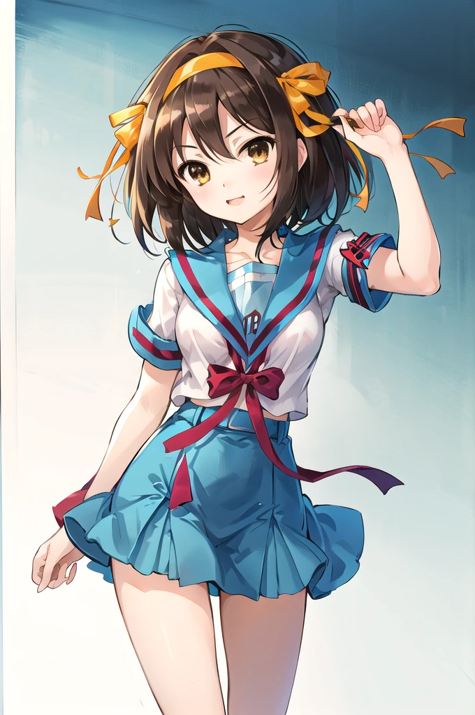 masterpiece, Highest quality, High resolution, One girl, suzumiya haruhi, alone, high income , blue Sailor collar,  Sailor collar, Blue Skirt, Brown Hair, short hair, Brown eyes, Armband, hair band, Medium Hair, ribbon, socks, Medium chest, Cowboy Shot,1girl, suzumiya haruhi, 独奏, brown hair, hairband, hair hair ribbon, short hair, medium breasts