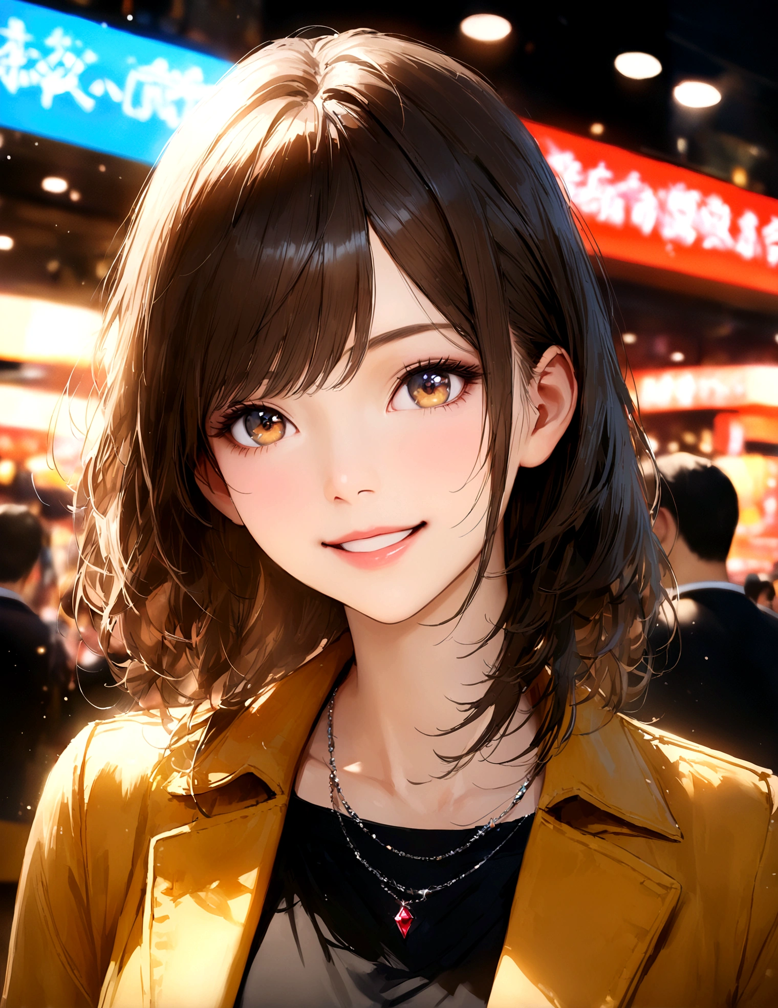 Shinjuku, Cute casual clothes,On a date,Blur the background,high school girl,smile,Glitter effect,Highest quality, 4K, 8K, High resolution, masterpiece:1.2, Very detailed, Realistic:1.37, High resolution, 超High resolution, Ultra-fine painting, Sharp focus, Physically Based Rendering, Very detailedな説明, Professional, Vibrant colors