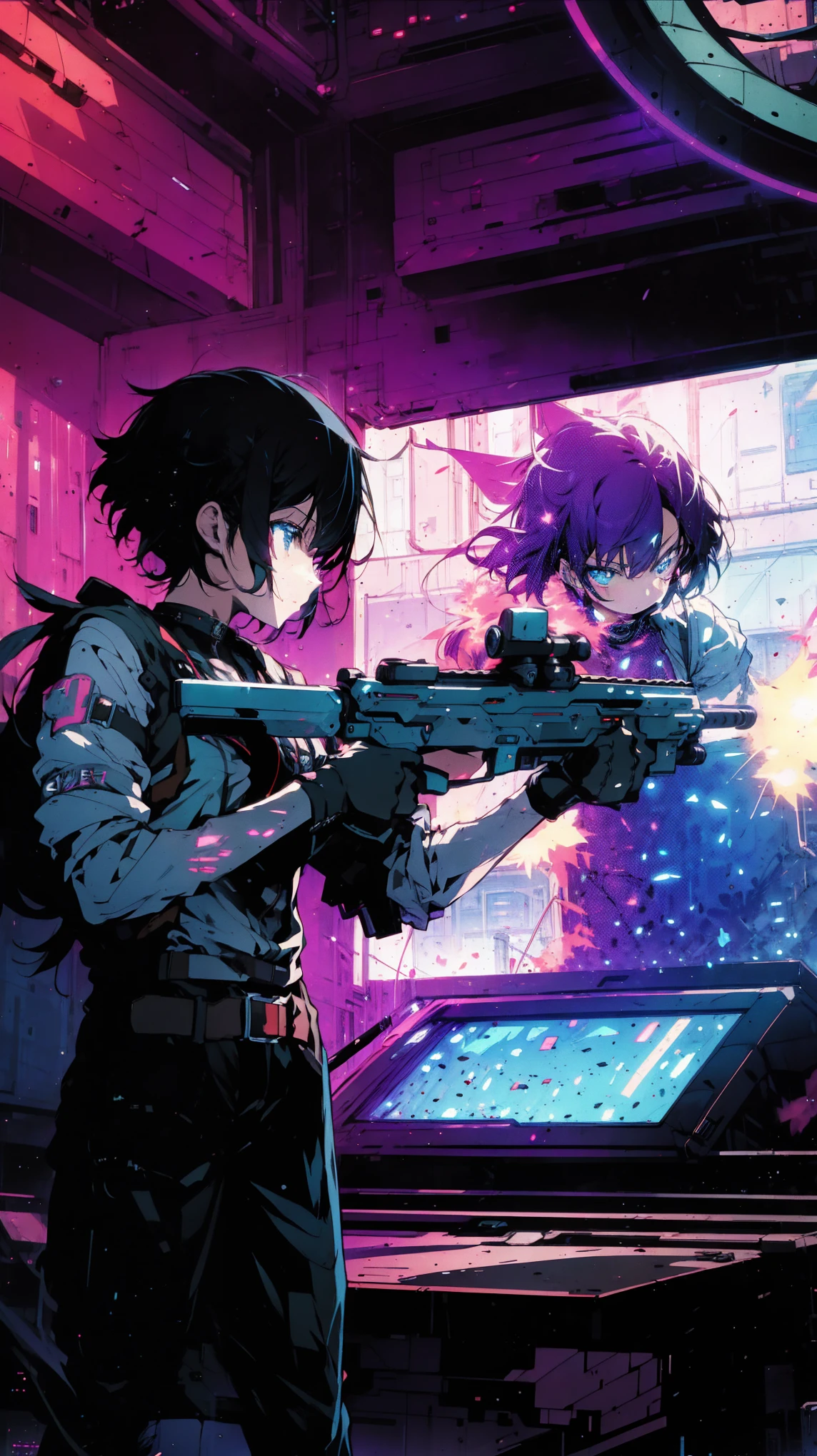 A stylish teenager, girl, (short hair), (black hair), bathed in the glow of a pixelated explosion on a giant arcade screen, ((aims a laser tag rifle at an unseen enemy)). Abstract digital patterns dance across the screen, blending with the teenager's outfit. Action movie scene, high-tech weapons, futuristic vibe, abasterpiece)), ((best quality)), ultra detailed,((illustration)), dynamic angle, detailed light, (delicate eyes), (ahoge:0.8),apathy, ray,frontage,style of anime4 k, 4k anime wallpaper, badass anime 8 k, 4 k comic wallpaper