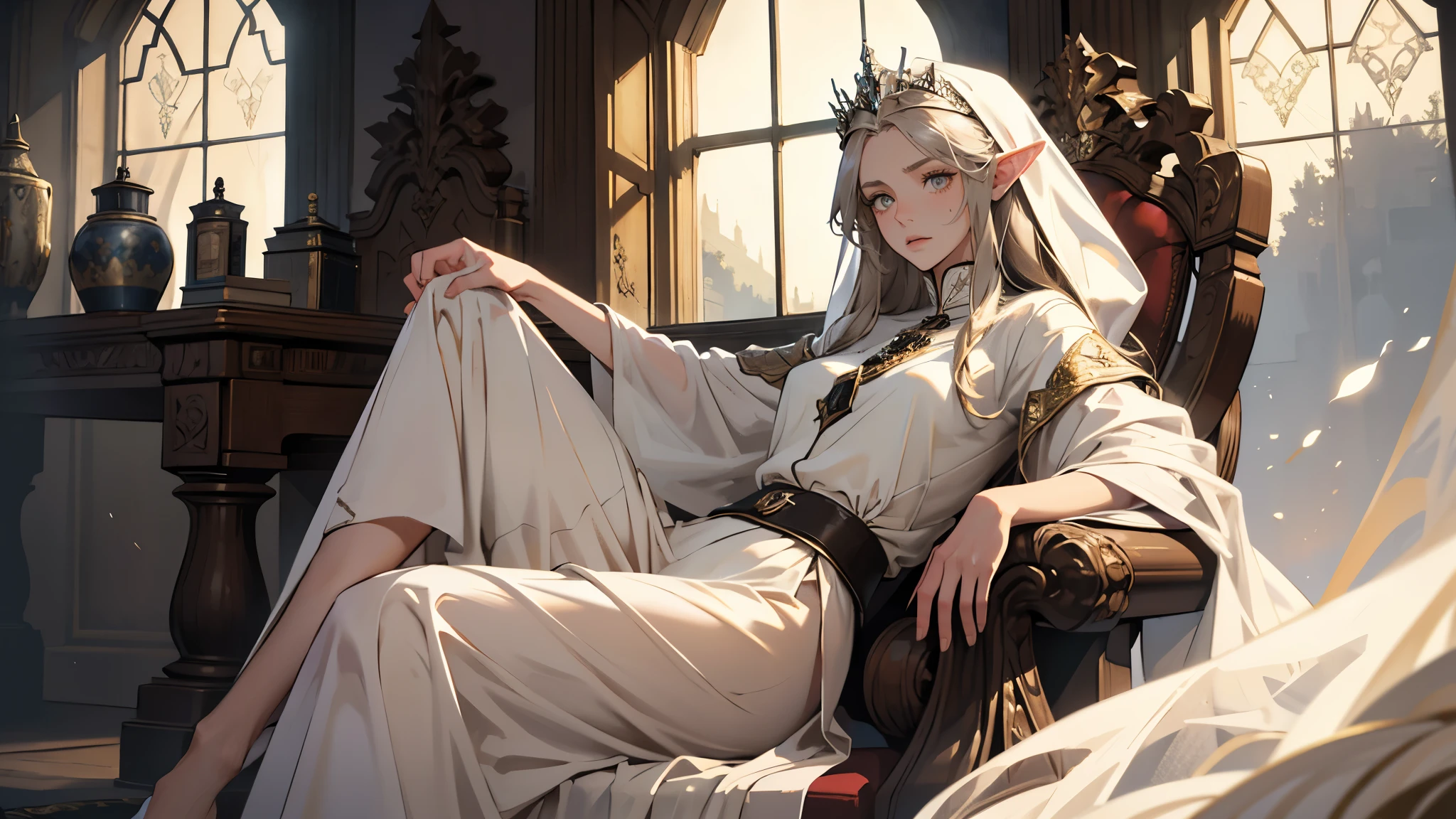 masterpiece, ultra detailed, 8K Portrait, Raw photo, a portrait photo of girl, Highly detailed face, beautiful and meticulous eyes, ((Fantasy)), (elf:1.0), 1woman, 30 year old, gray long hair, brown eyes, (melancholy expression:1.2), tiara, skinny, (ultra thin transparent silk cloth), hooded long white coat Fluttering in the wind, ((bare foots)), Midday Sun, Hyper realistic, out of medieval castle in the sky, sitting on the throne, Ambient lighting, Shadow details , strong breeze, Light fog