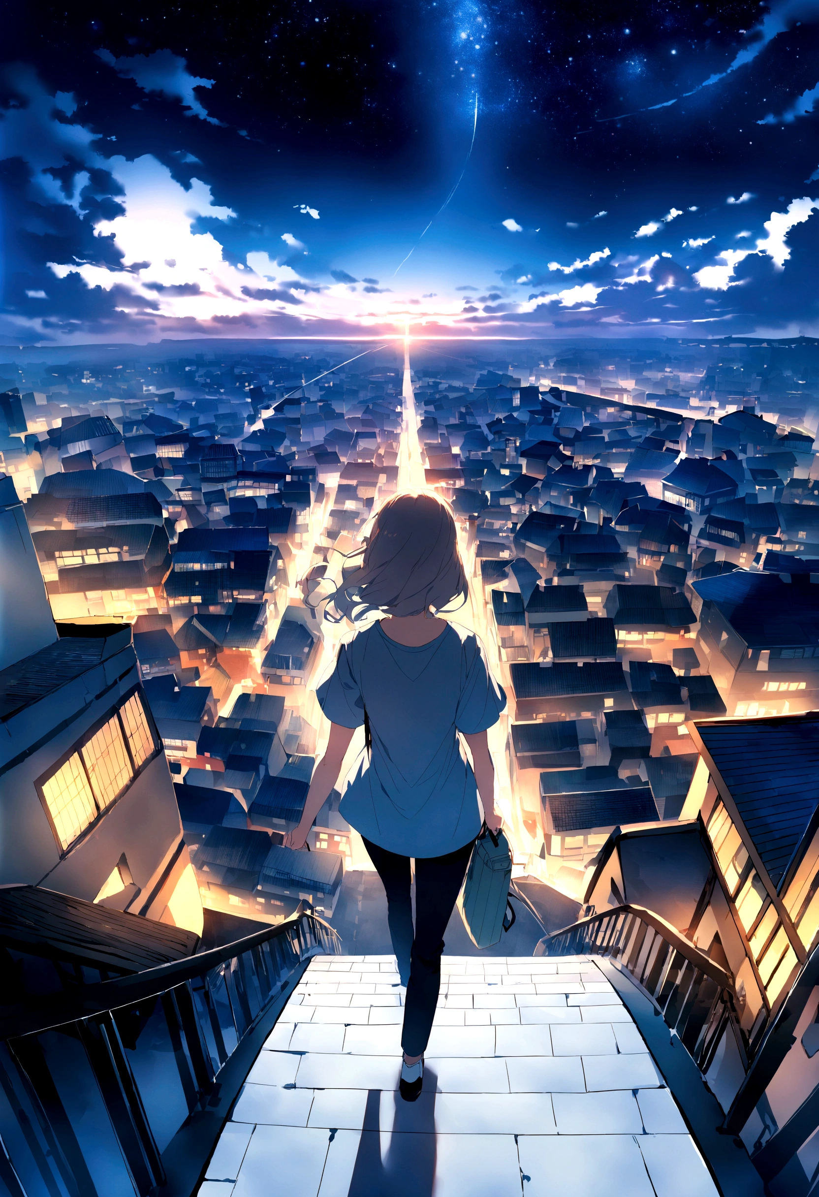 Woman walking towards city city is turning around and smiling、Denim on white t-shirt、Casket、Starry sky、2 days and months、Dreamy scenery、From a distance、Scenery Main、Building Street、near future、the wind、TOKYOcty、adult lady